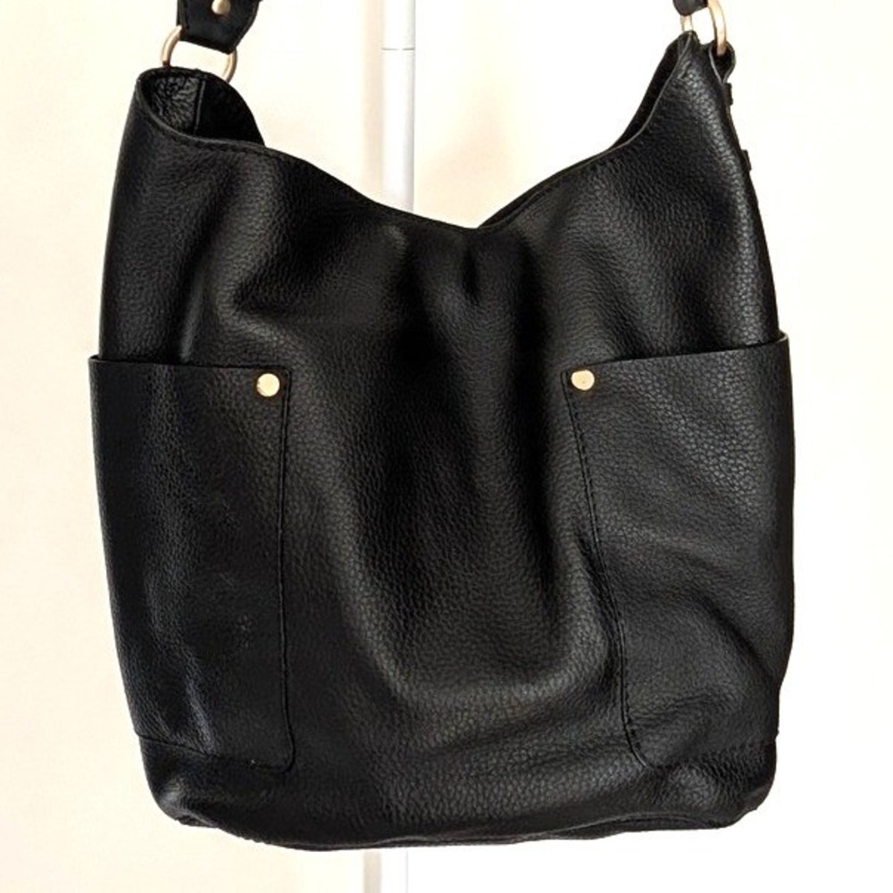 Boden Black Pebbled Leather Hobo Shoulder Bag Gold Hardware Side‎ Pockets